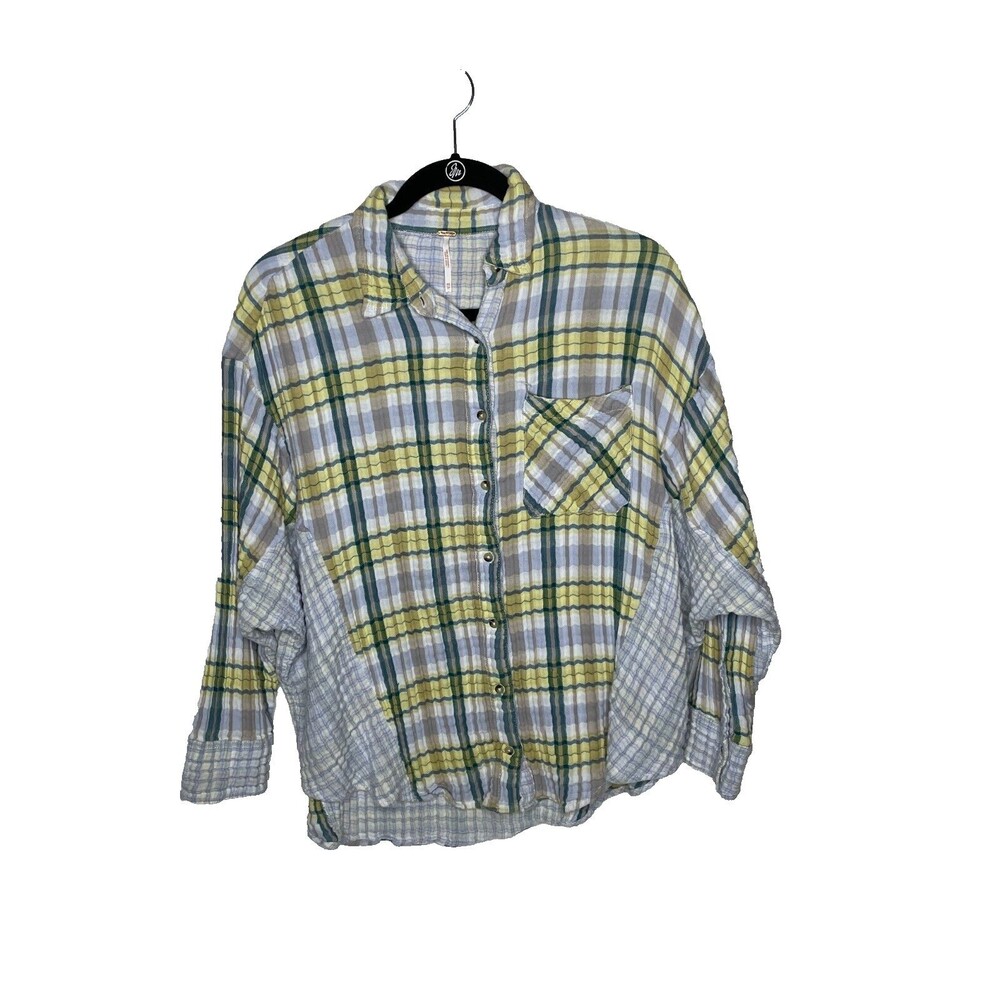 Free People Womens Guys Button Up Shirt Gray Green and yellow Size XS
